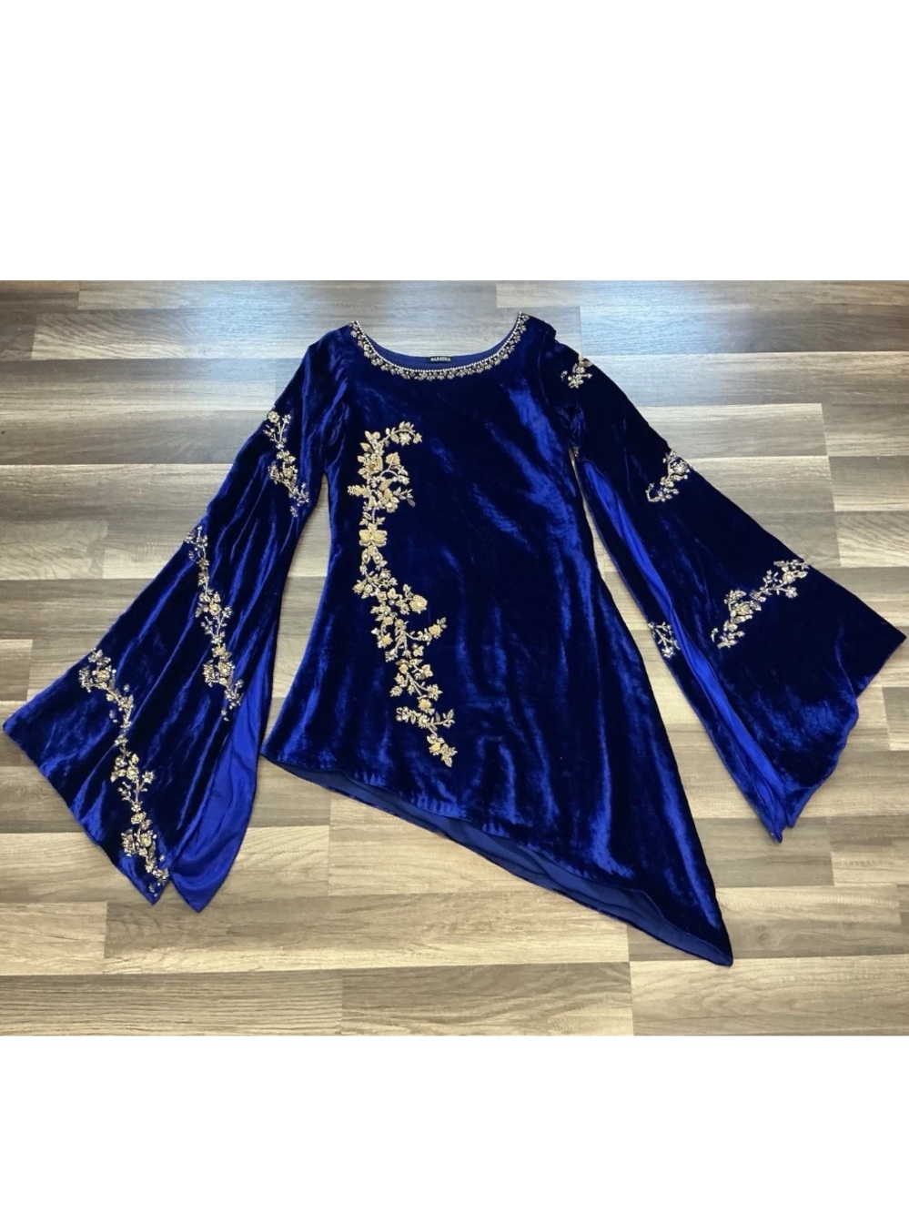 Vintage Royal Blue Velvet Blouse Embroidered